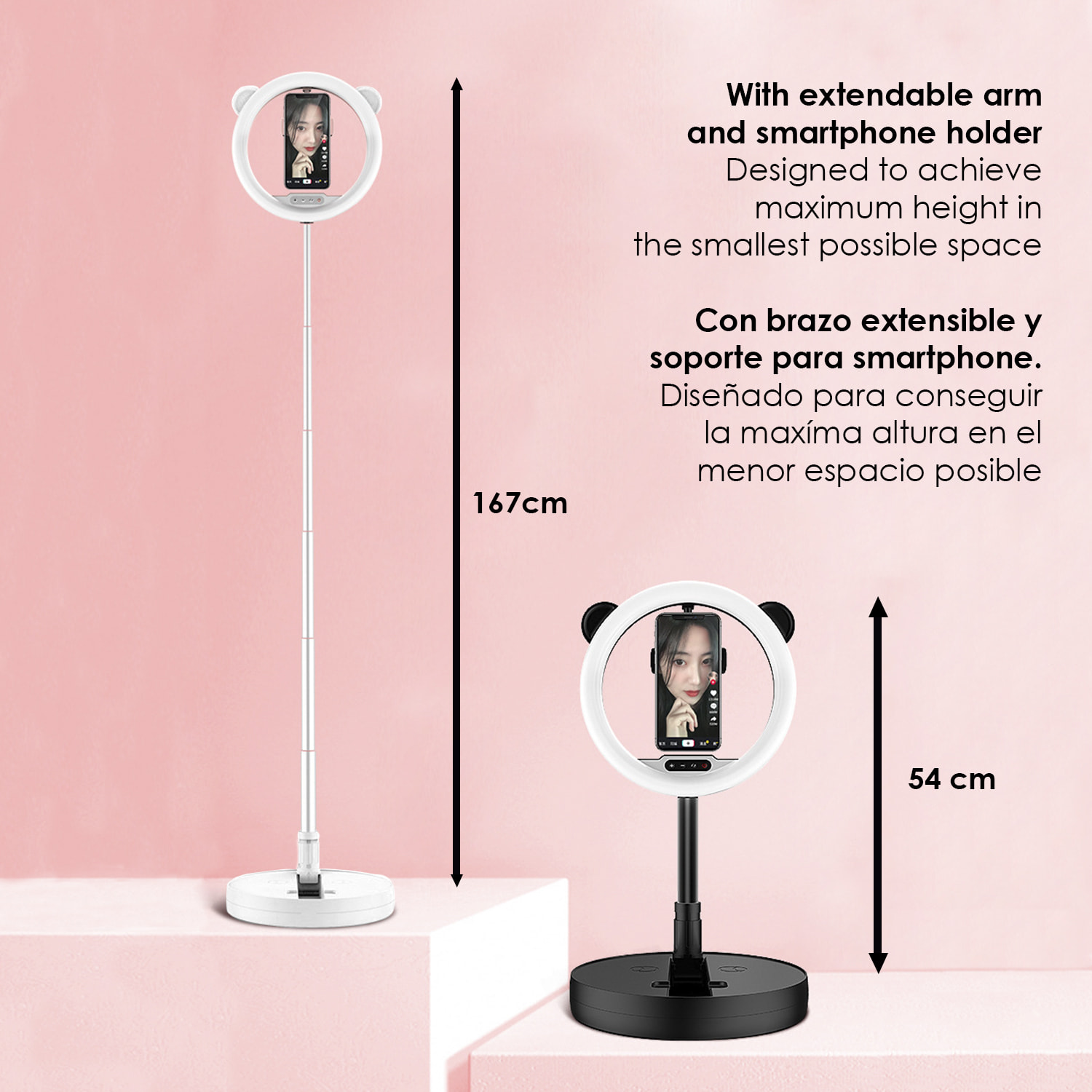 Anello luminoso a LED da studio da 10,8 pollici, pieghevole ed estensibile con supporto per smartphone.