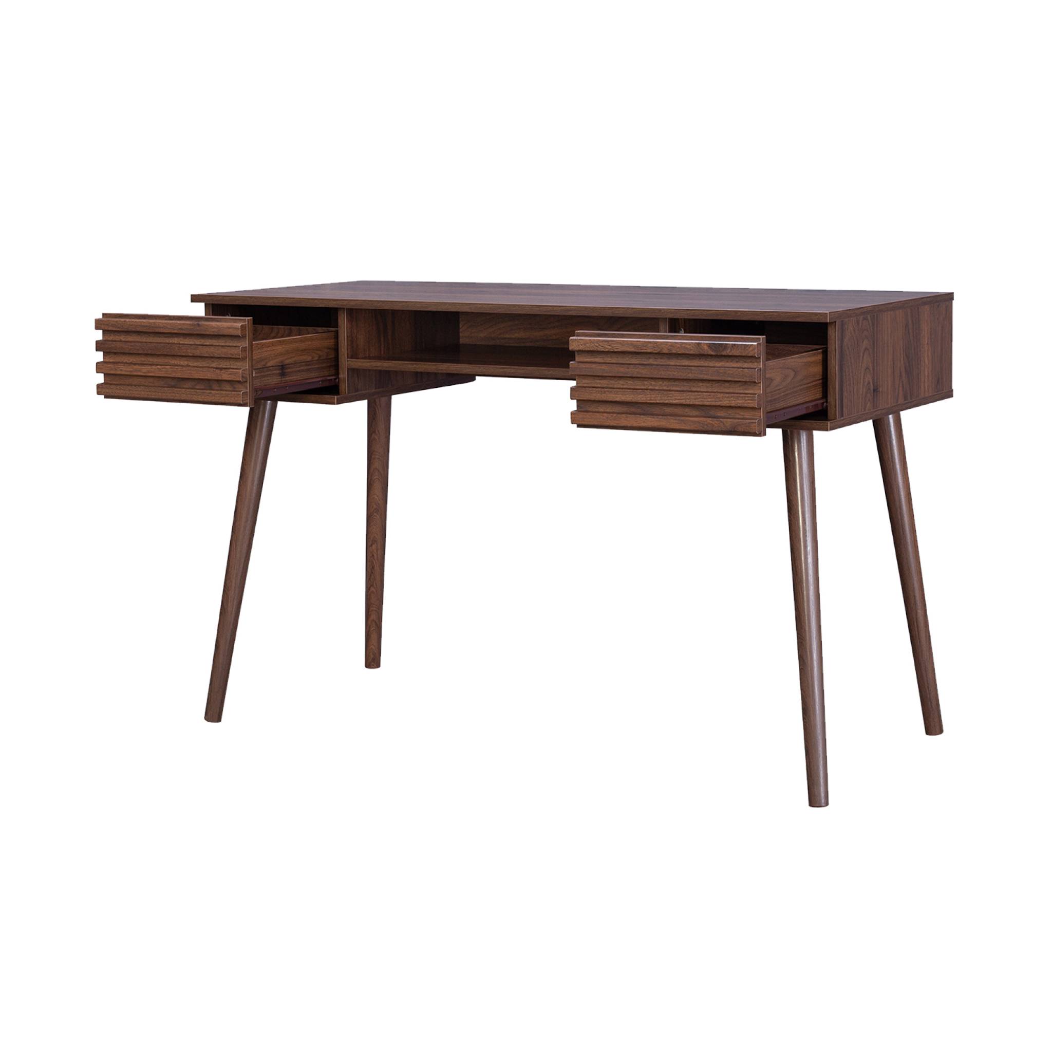 Bureau effet bois 2 tiroirs MADERE noyer. 1 casier. façade rainurées. 120 x 55 x 76.5 cm