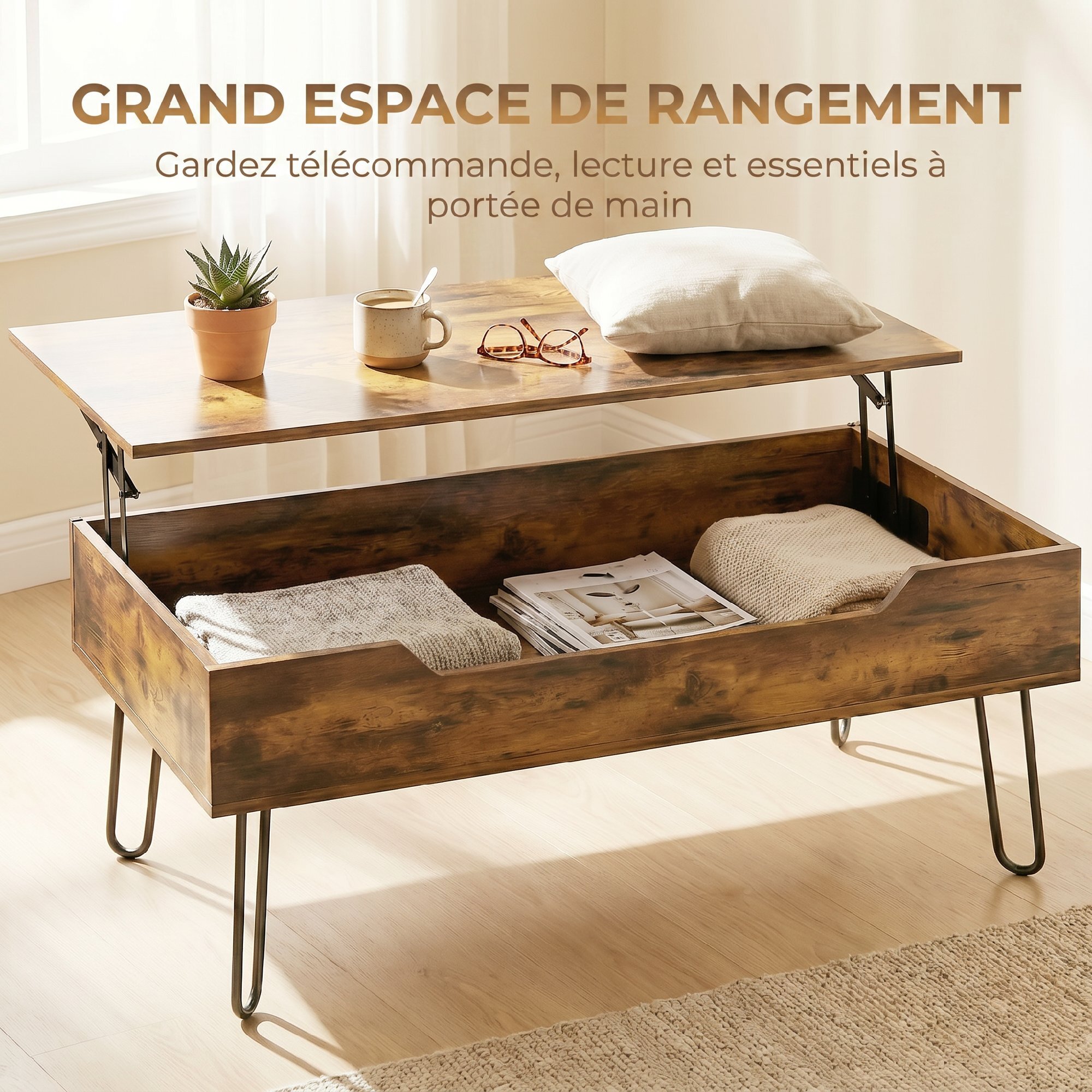 Table basse relevable design industriel métal noir effet bois vieilli