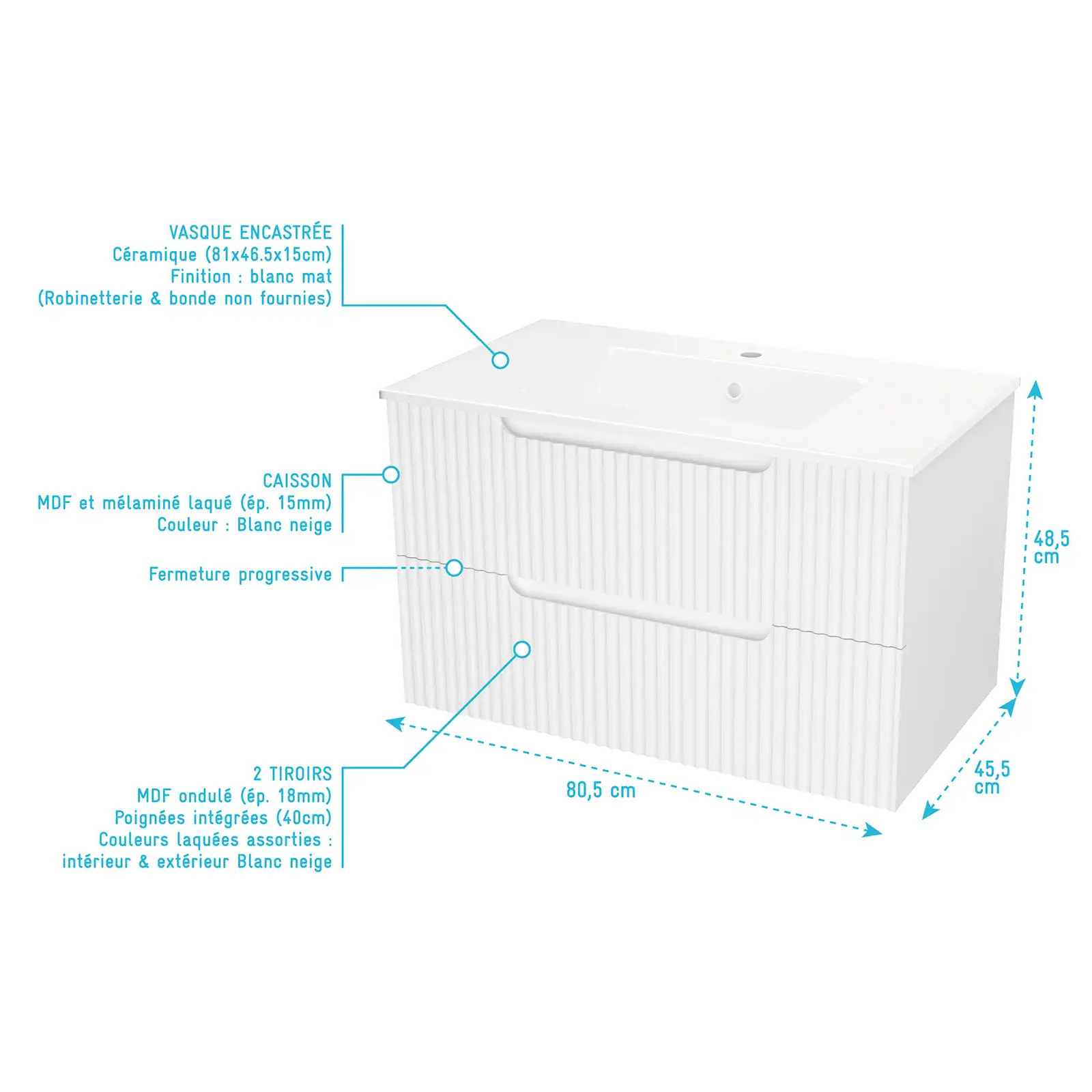 Meuble de Salle de Bains LEON 80cm Blanc Neige - 2 Tiroirs en MDF Ondulés - Vasque à encastrer