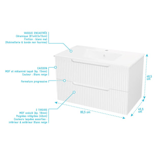 Meuble de Salle de Bains LEON 80cm Blanc Neige - 2 Tiroirs en MDF Ondulés - Vasque à encastrer