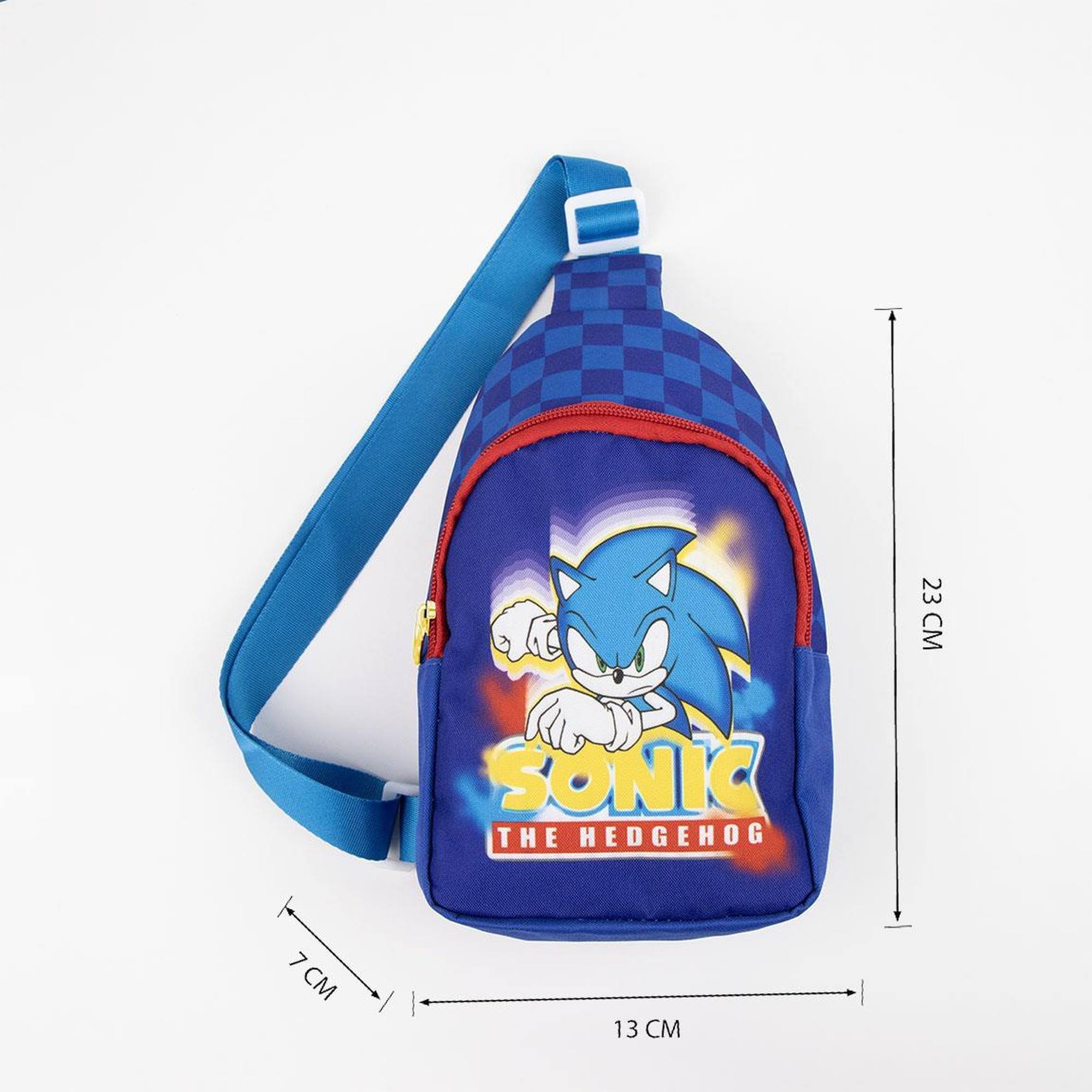 Mochila bandolera de sonic - color azul - 13x23x7cm - fabricada en poliéster - bandolera infantil con asas ajustables - compartimento principal