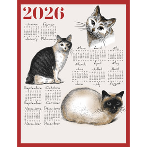 Torchon calendrier 2026 motif chats coton - Rouge