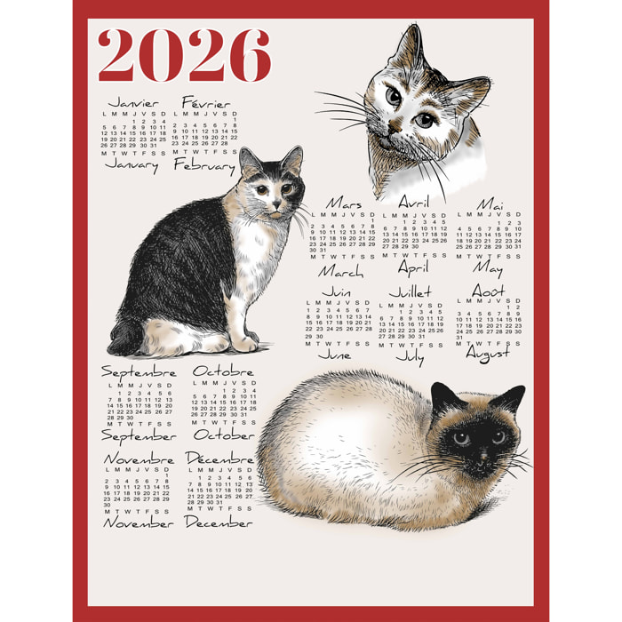 Torchon calendrier 2026 motif chats coton - Rouge