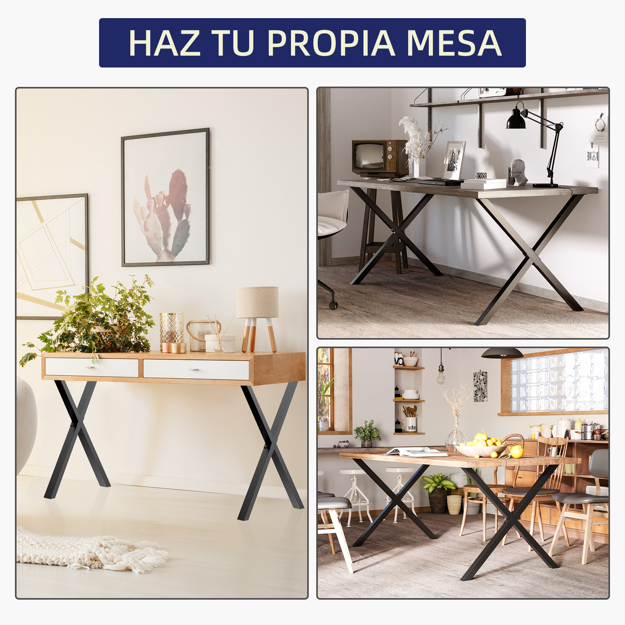 HOMCOM Conjunto de 2 Patas para Mesa Estilo Industrial 80x72 cm en Forma de X Patas de Muebles de Acero para Soporte con Protectores Tornillos de Montaje Incluidos Negro