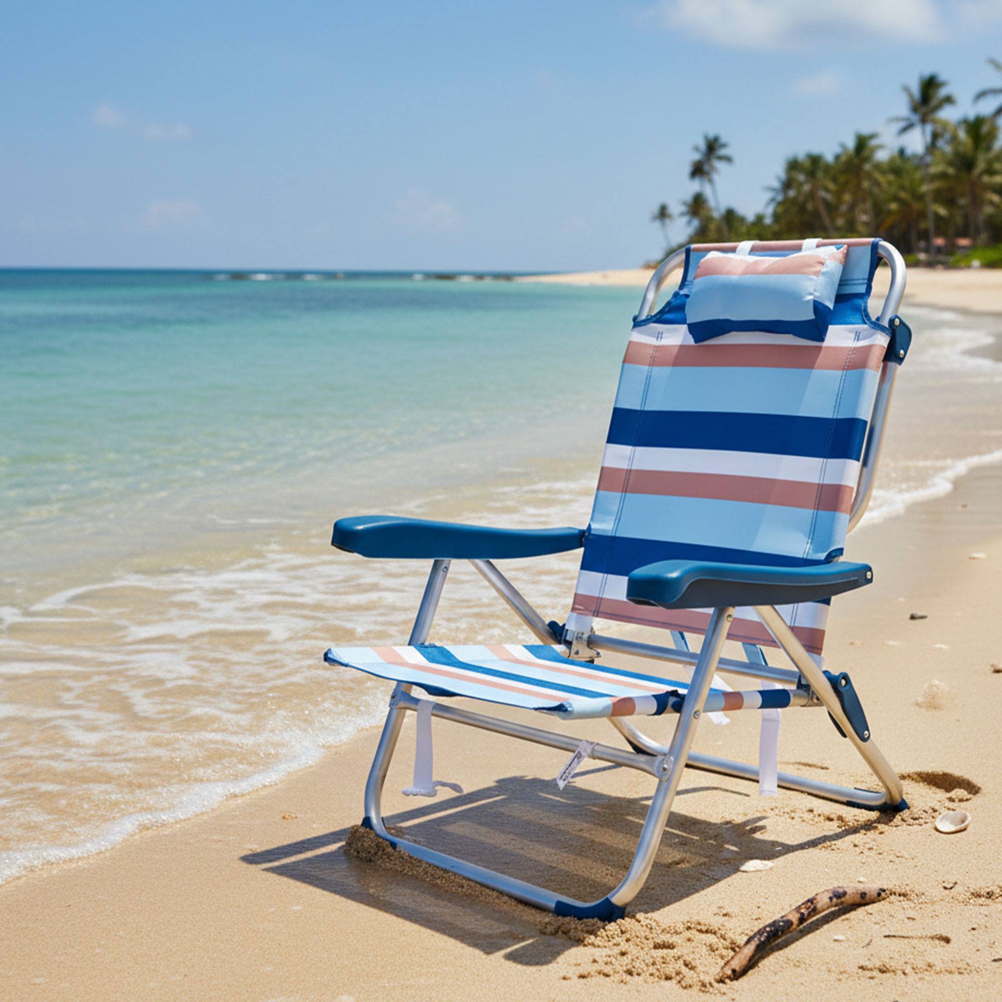 Well Home Silla plegable reclinable con almohada 64x63x32/82cm aluminio anodizado, rayas azules, tejido 600x300D hasta 110kg