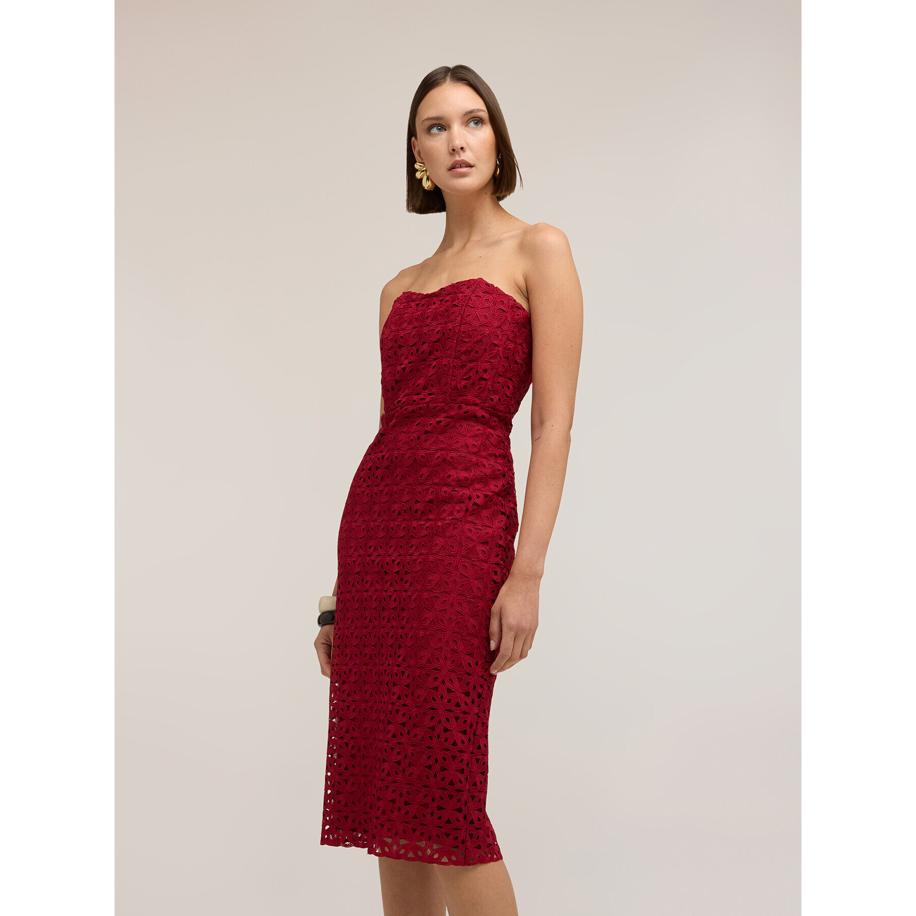 Motivi - Vestido tubo de encaje macramé - Burgundy