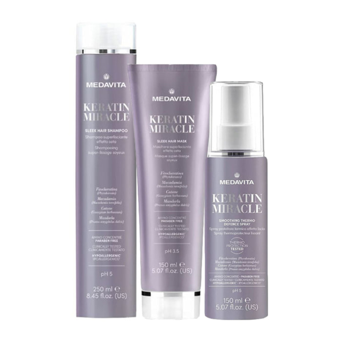 MEDAVITA Kit Keratin Miracle Sleek Hair Shampoo 250ml + Mask 150ml + Themo Defence Spray 150ml