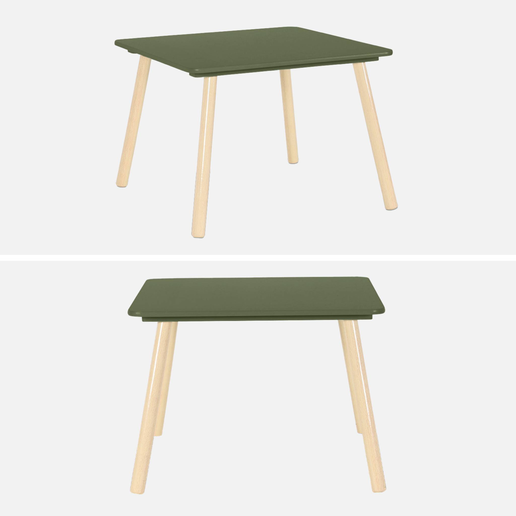 Table carrée enfant avec 2 chaises. pieds en pin. vert olive