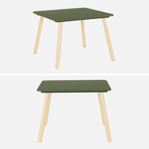 Table carrée enfant avec 2 chaises. pieds en pin. vert olive