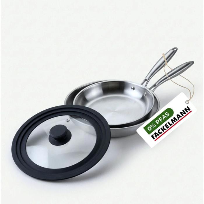 2 poêles 20 cm et 24 cm inox 18/10 Triply et couvercle Fackelmann Vita3