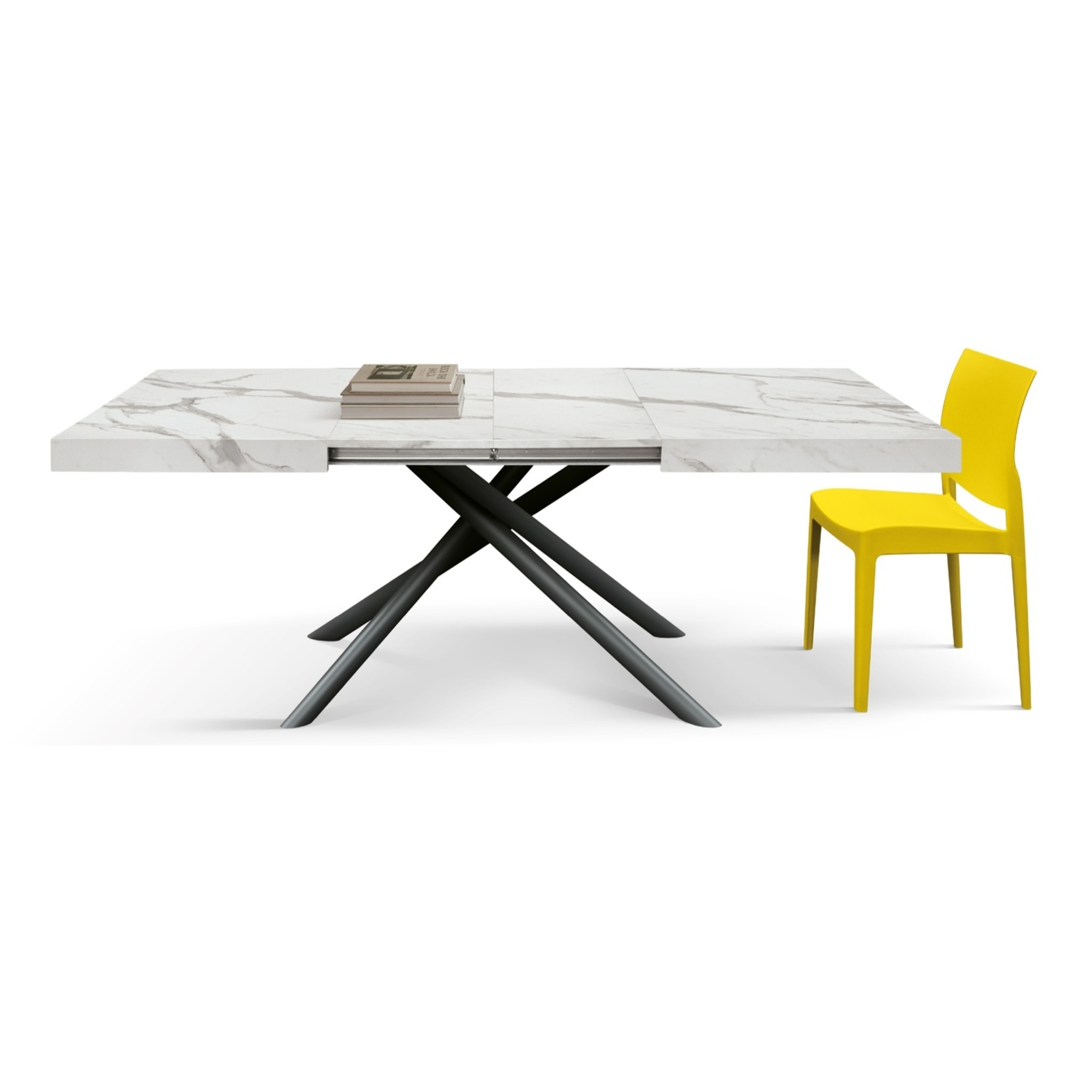 Tavolo CARRARA in legno, finitura bianco statuario e gambe in metallo nero, allungabile 160x90 cm - 240x90 cm