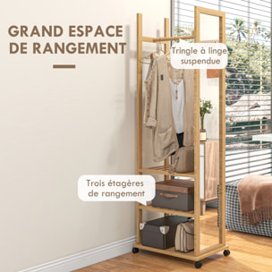 Miroir sur pied avec roulettes - portant, 3 étagères - dim. 59L x 35P x 170H cm - bois de jabon verni