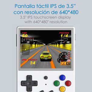 DAM Consola emulador multiplataforma RG353V. Pantalla táctil 3,5" IPS; Android 11 + Linux, Quad-Core 1,8GHz, WiFi, 128GB. +23.000 juegos. 12,6x2,1x8,3 Cm. Color: Blanco