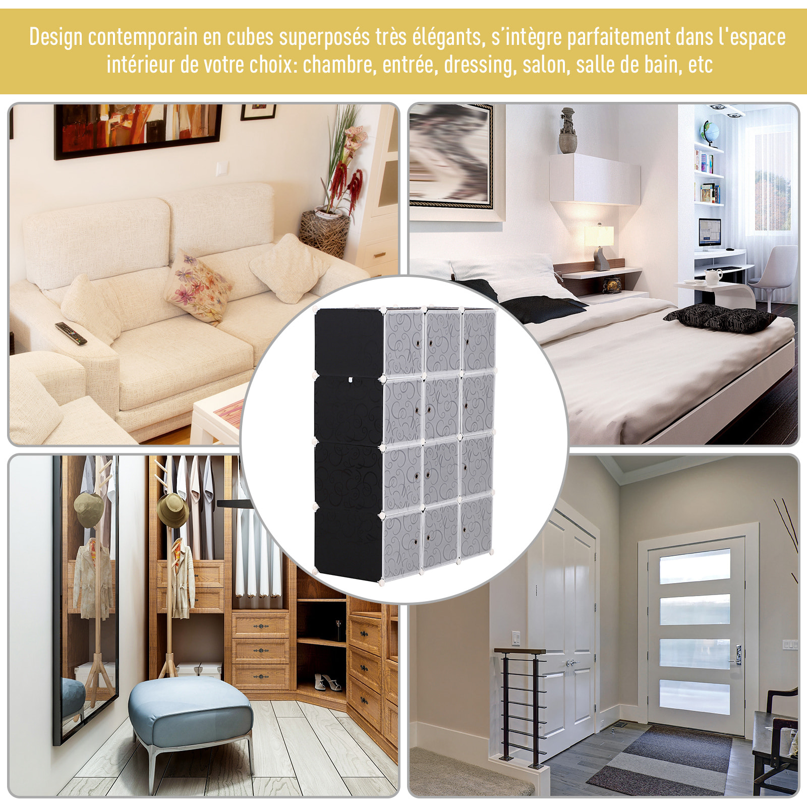 Garde robe armoire à vêtements L 111 x l 47 x H 145 cm modulable 12 cubes noir et blanc