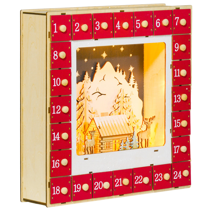 Calendrier de l'Avent LED en bois - 24 tiroirs à remplir - villages, montagnes, forêts, rennes, étoiles - rouge