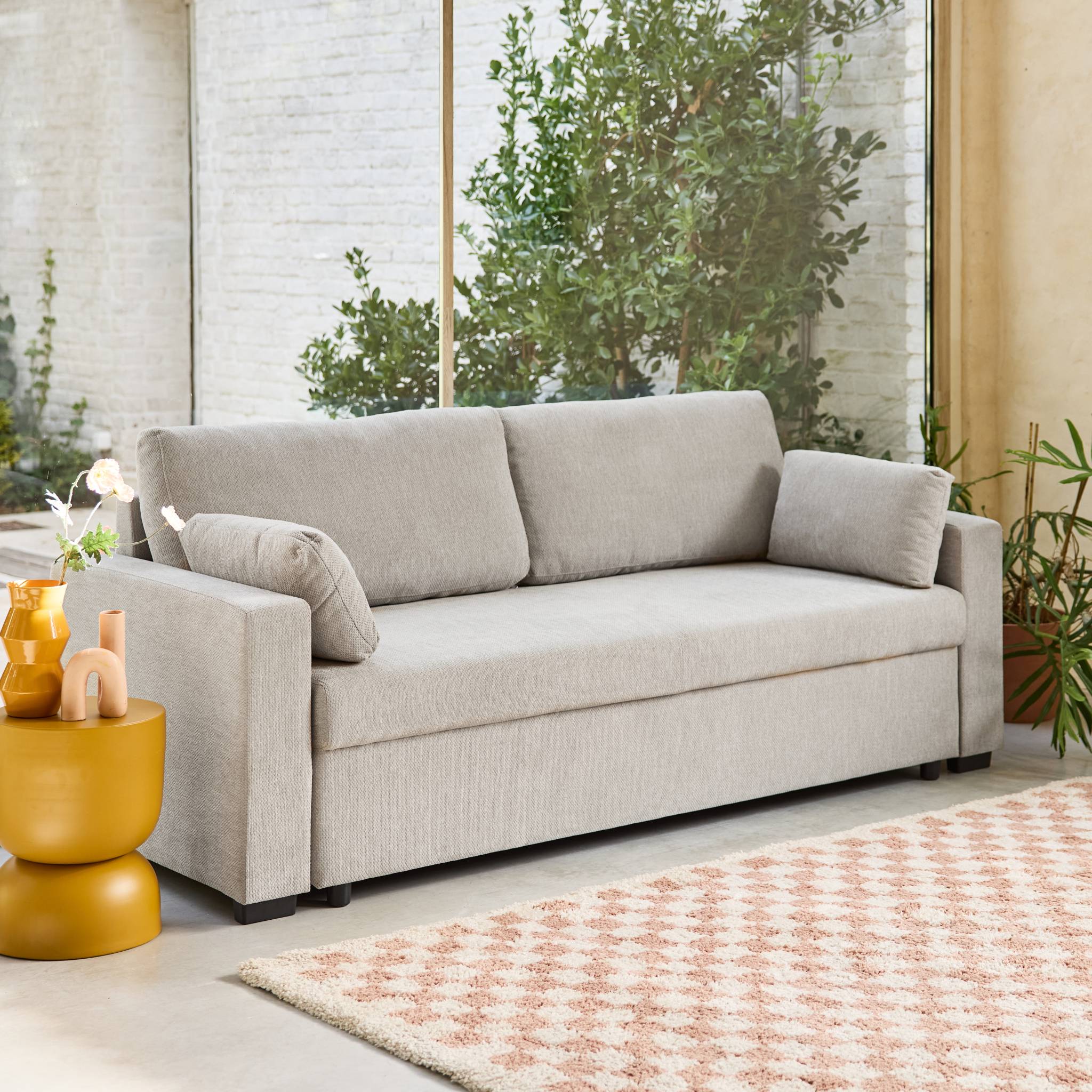 Canapé convertible 3 places tissu chenille gris clair L 211 x P 90 x H 86 cm - Easy