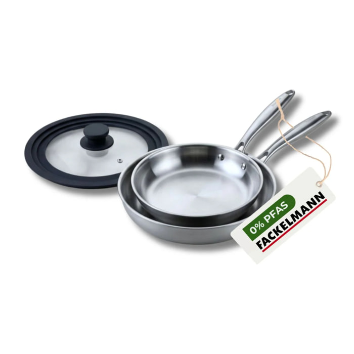 2 poêles 24 cm et 26 cm inox 18/10 Triply et couvercle Fackelmann Vita3