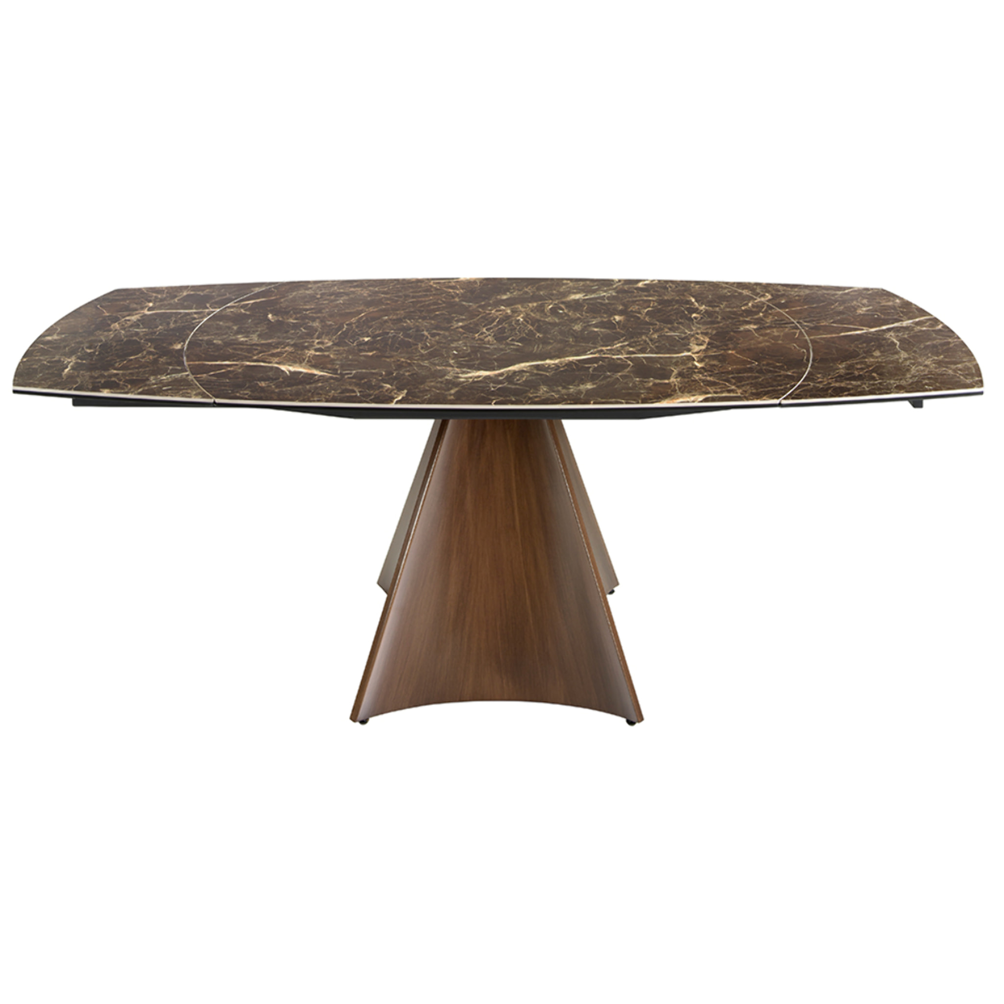 Mesa comedor extensible ovalada barril con tapa de mármol porcelánico en marrón con vetas crema en acabado brillo 135x90x75cm