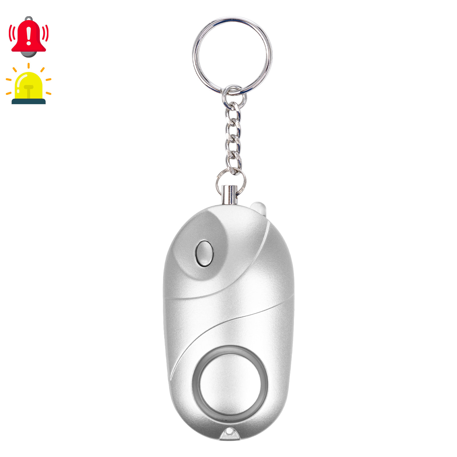 Allarme SOS personale con luce LED brillante e suono di 130dB. 3 batterie LR44 incluse e attivazione rapida tirando l'anello.