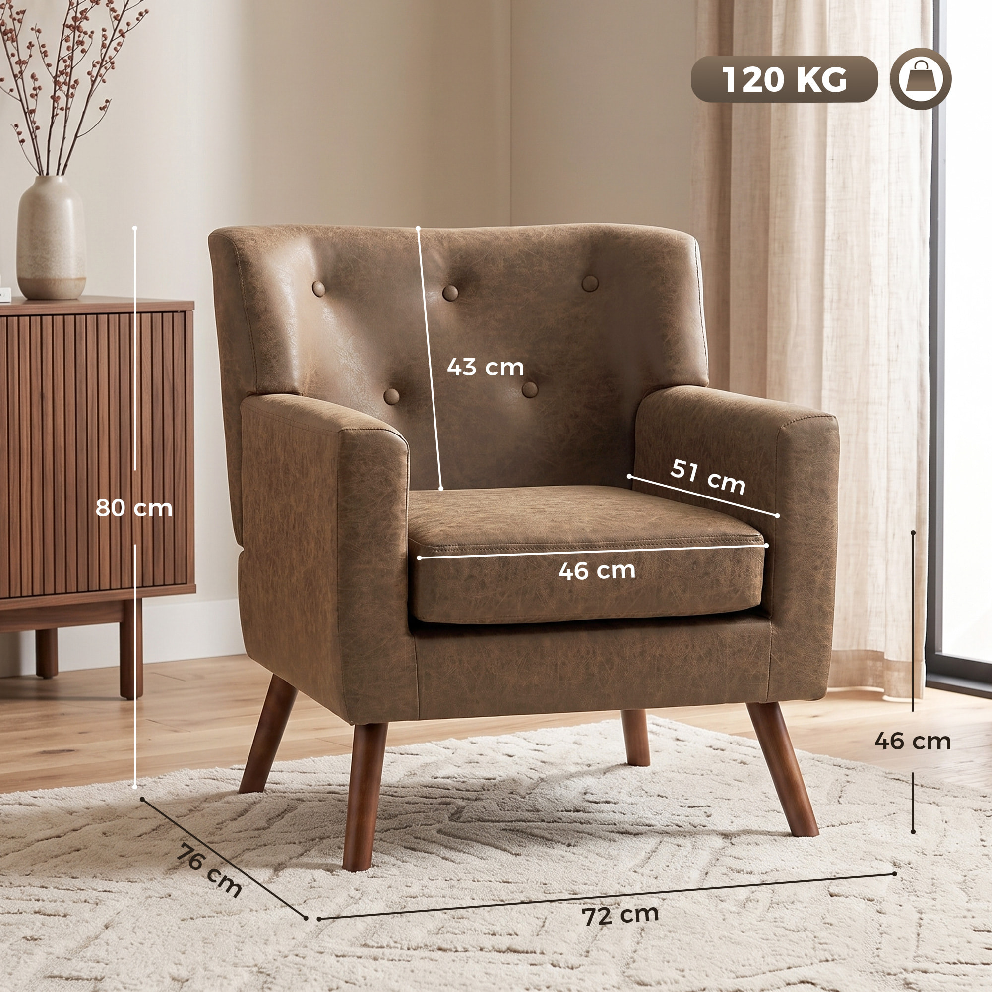 HOMCOM Sillón Relax, Sofá Individual, Tapizado en PU, Cojín de Asiento con Muelles, Respaldo Ancho Acolchado, Patas de Madera Maciza para Salón, Dormitorio y Oficina, 72x76x80 cm, Marrón