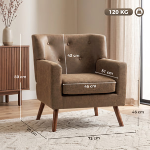 HOMCOM Sillón Relax, Sofá Individual, Tapizado en PU, Cojín de Asiento con Muelles, Respaldo Ancho Acolchado, Patas de Madera Maciza para Salón, Dormitorio y Oficina, 72x76x80 cm, Marrón