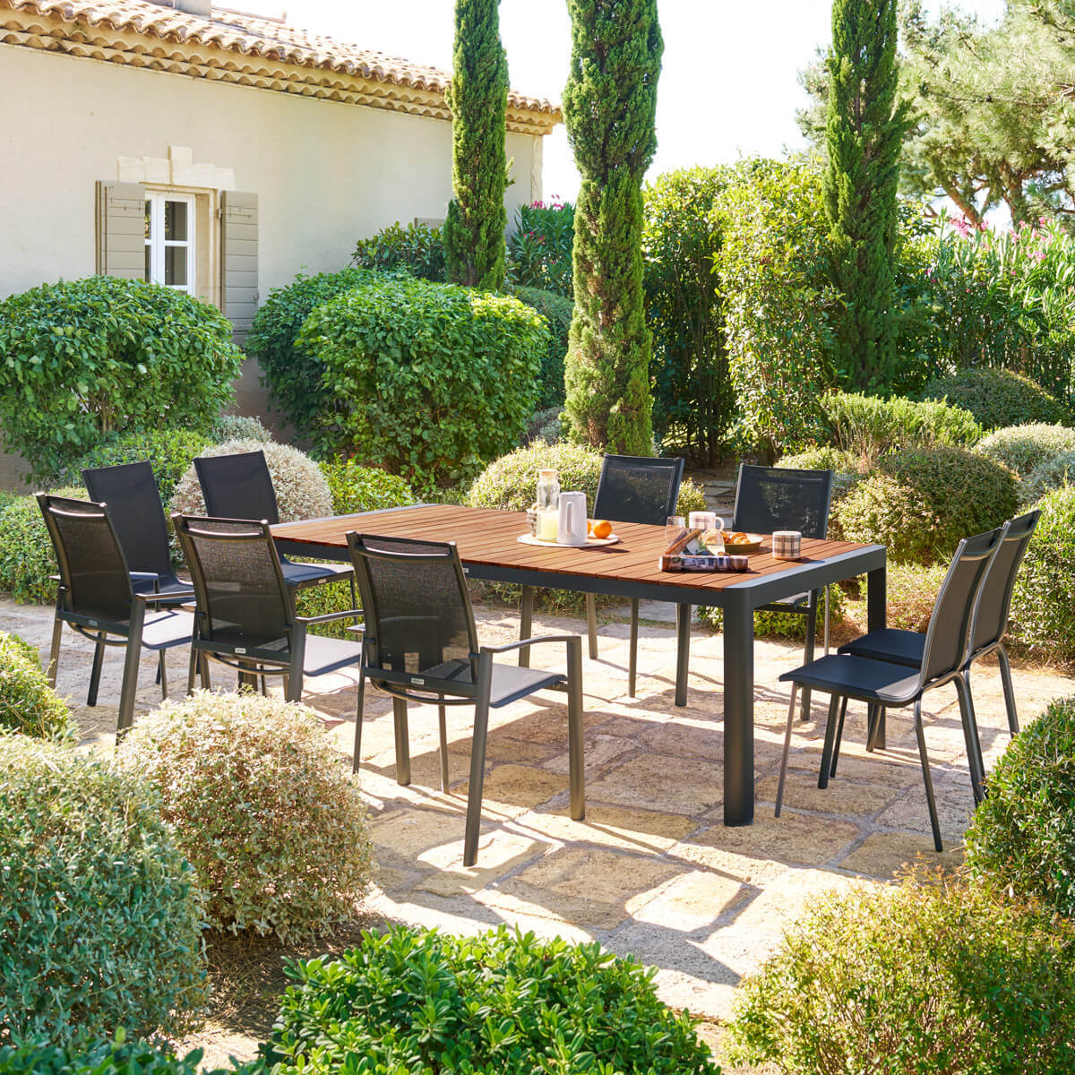 Table de jardin rectangulaire "Paradize" noyer & graphite 10 places en aluminium