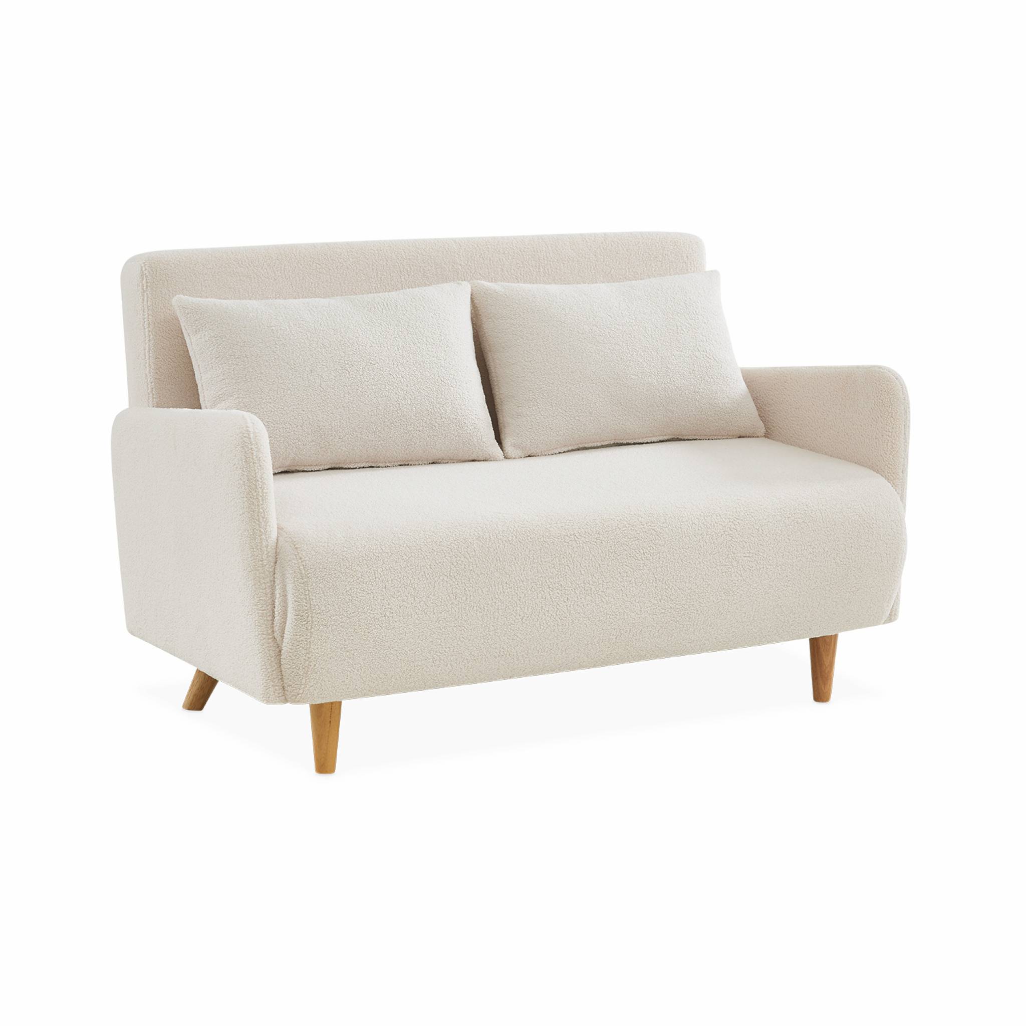 Canapé convertible 2 places scandinave - Panam - pieds bois. bouclettes blanches. banquette. dossier inclinable