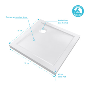 RECEVEUR DE DOUCHE A POSER EXTRA PLAT EN ACRYLIQUE BLANC CARRE 70x70 cm BAC DE DOUCHE