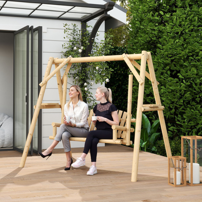 Banco Columpio de Jardín de Madera de 2 Plazas Balancín de Jardín Exterior con Bandejas Laterales Reposabrazos y Estructura en A para Patio Porche Carga 240 kg 200x135x175 cm Natural