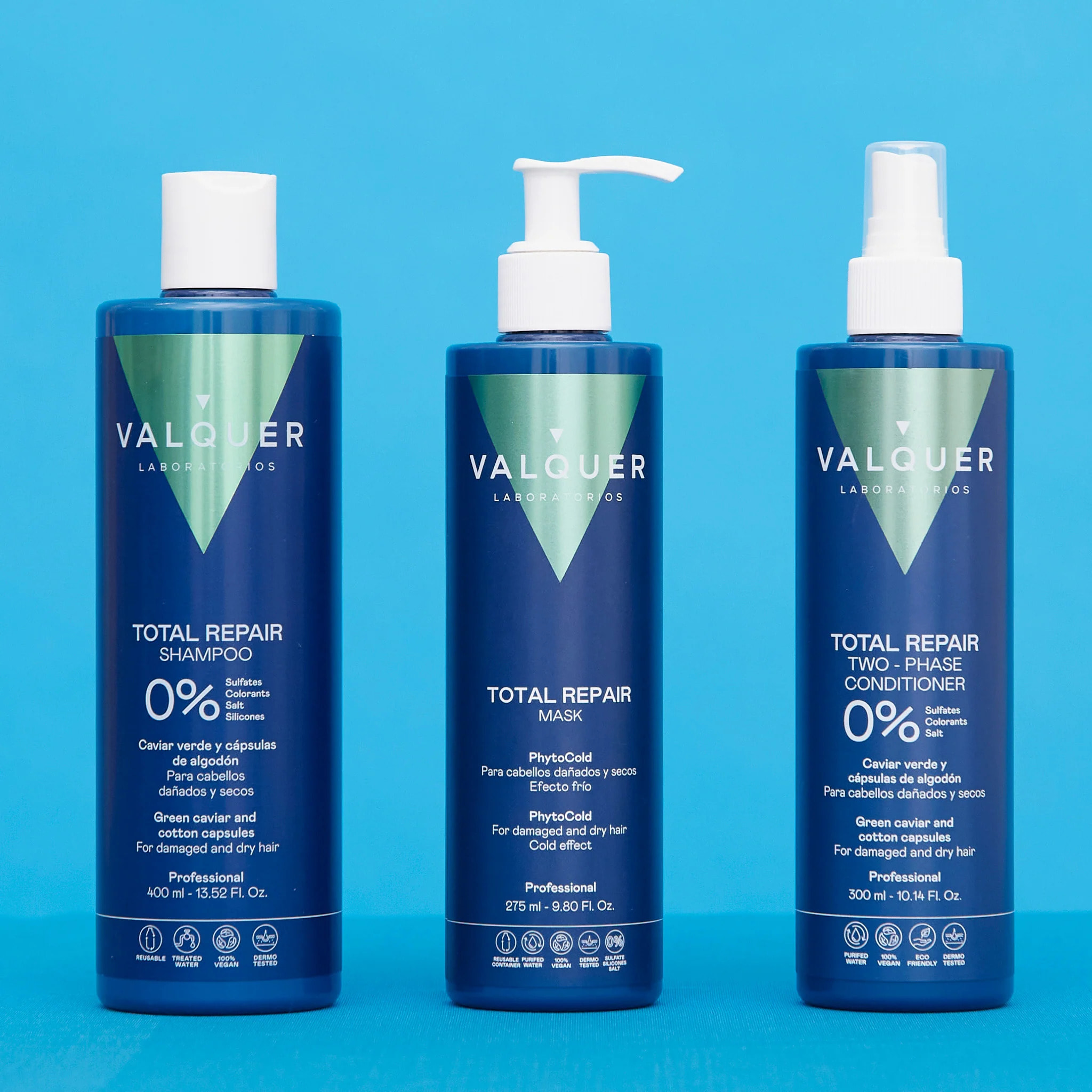 Valquer Pack Total Repair Champú + Mascarilla y Acondicionador bifásico para cabellos dañados - 400 ml + 275 ml + 300 ml
