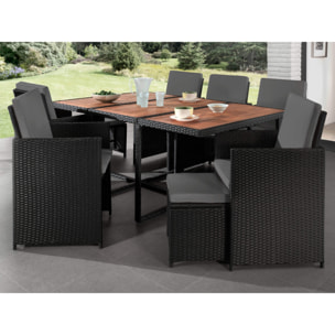 Cuba - Salon de jardin encastrable 10 places - en résine tressée - Noir avec coussins gris + housse de protection - Noir / Gris