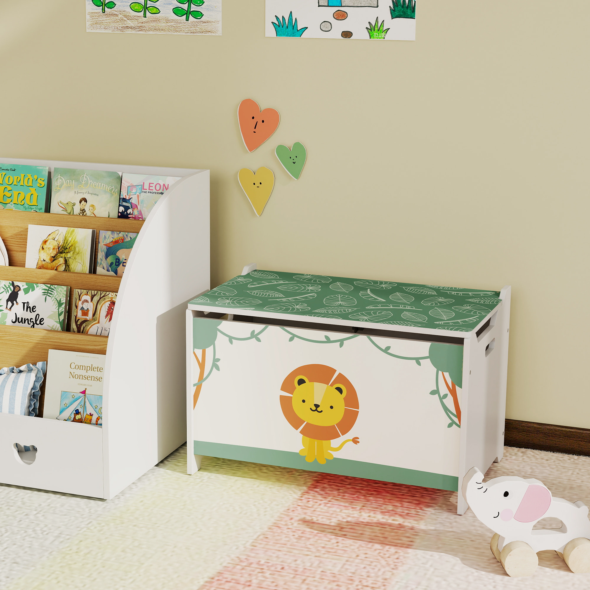 Coffre malle de rangement coffre à jouets design lion dim. 60L x 37l x 39H cm vérin pneumatique MDF vert
