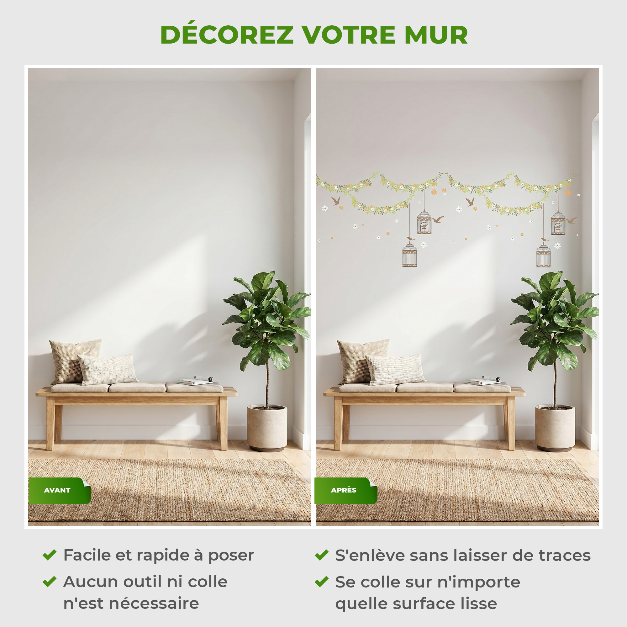 Stickers Muraux décoration adhésifs cages élégantes, oiseaux et fleurs