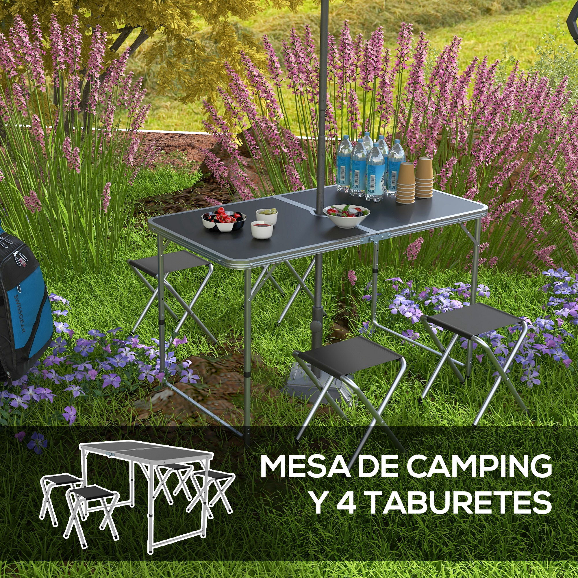 Conjunto de Camping de 5 Piezas Mesa para Camping Plegable con Sillas Incluye 1 Mesa Ajuatsble en Altura con Encimera MDF Orificio para Sombrilla 120x60x55-70 cm y 4 Taburetes Plegables Negro