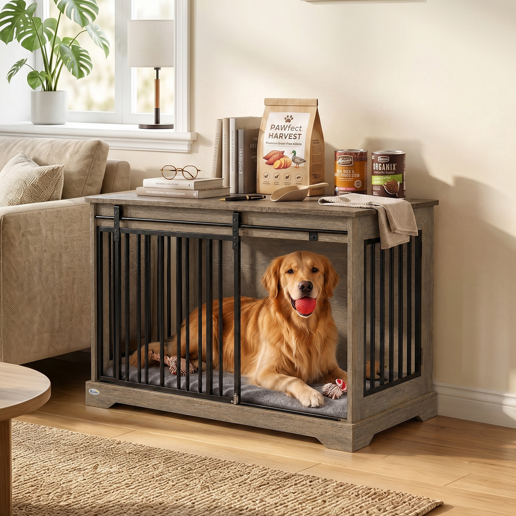 Cage chien design bois métal 100 x 60 x 68 cm porte coulissante et battante