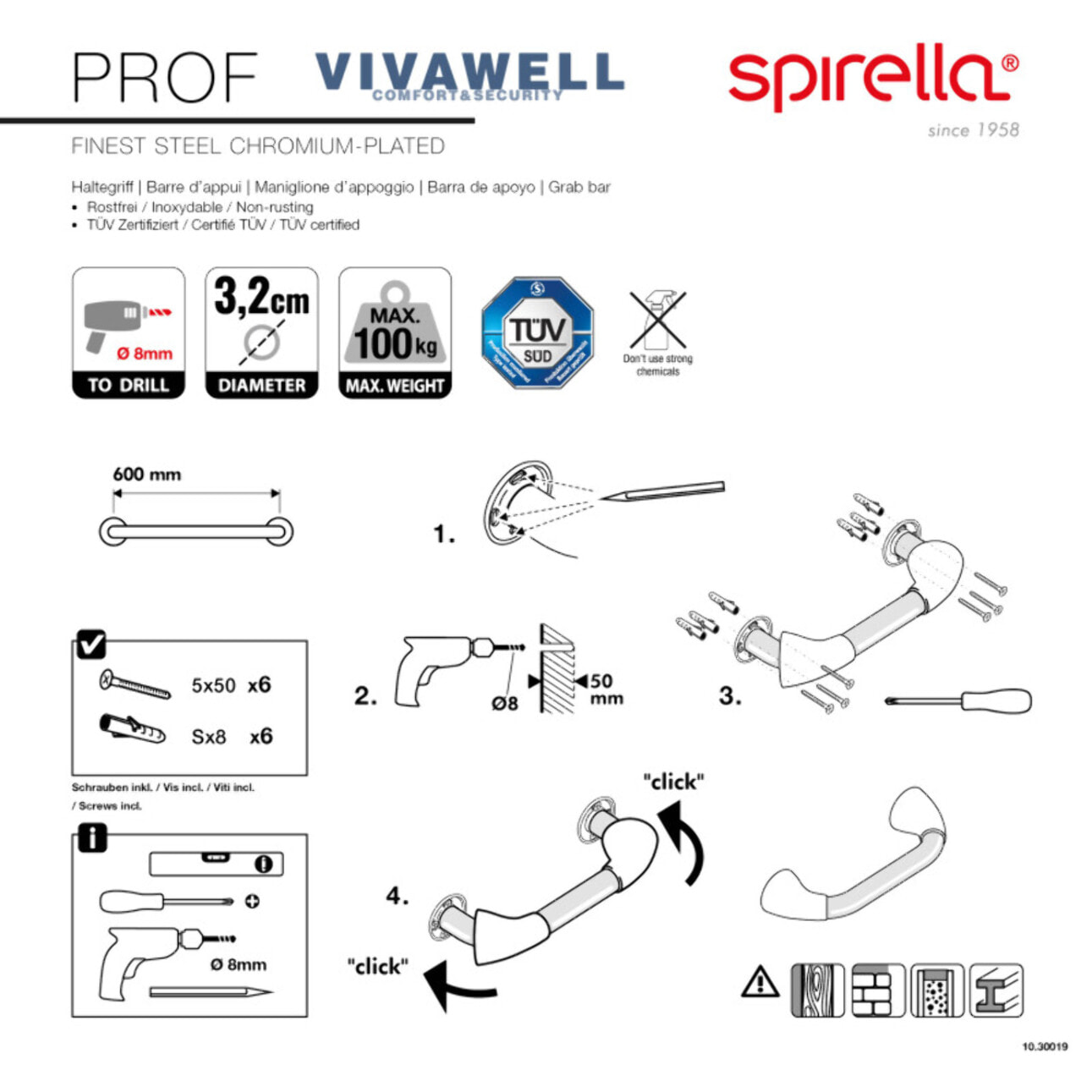 Barre de redressement ou d'appui PROF Acier Inox 60cm Chrome Spirella