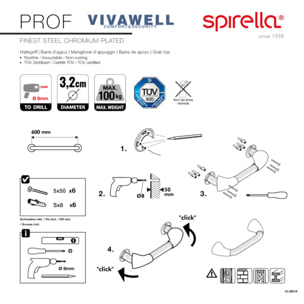Barre de redressement ou d'appui PROF Acier Inox 60cm Chrome Spirella