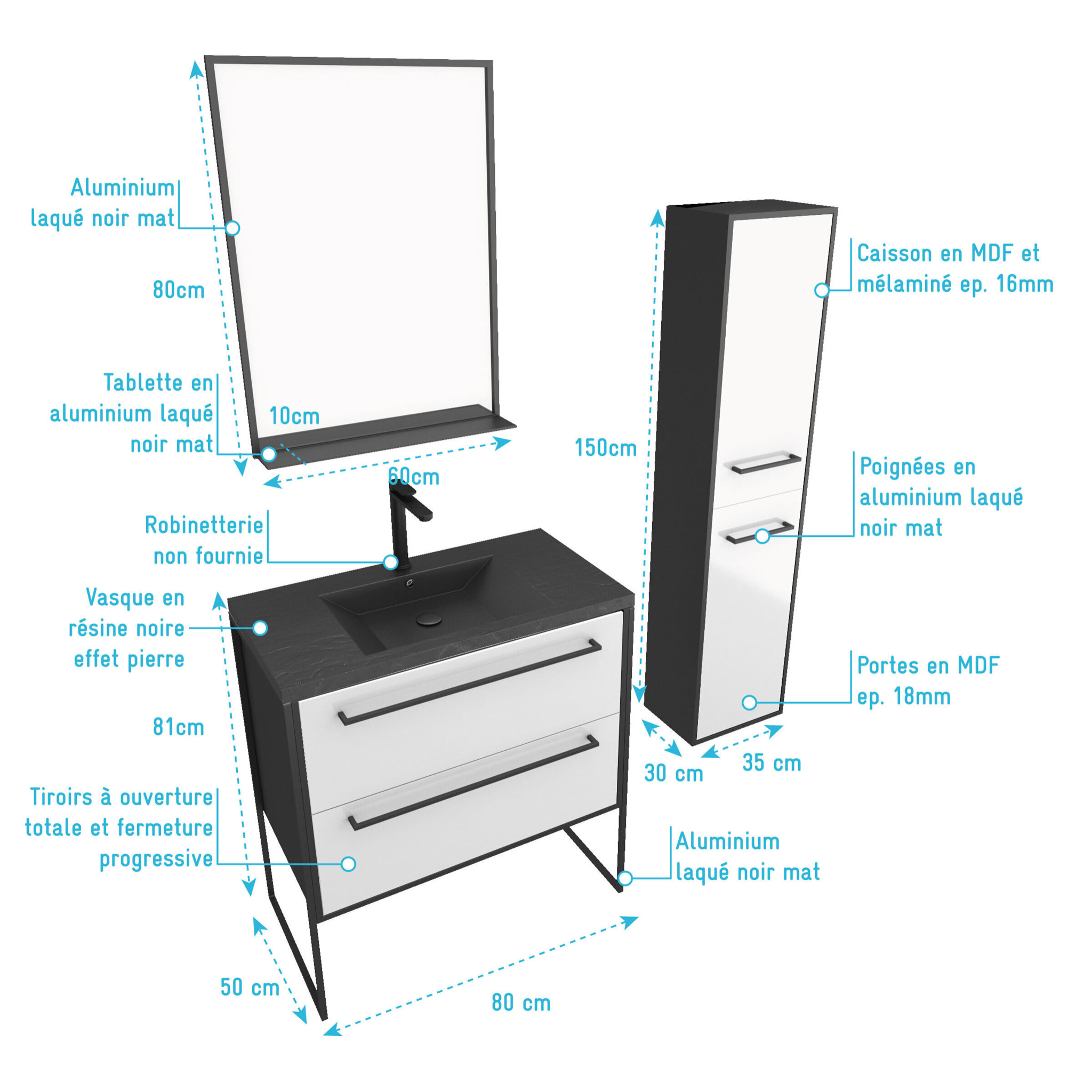 Pack meuble de salle de bain 80x50 cm - 2 tiroirs blanc - vasque noir - miroir - colonne suspendu