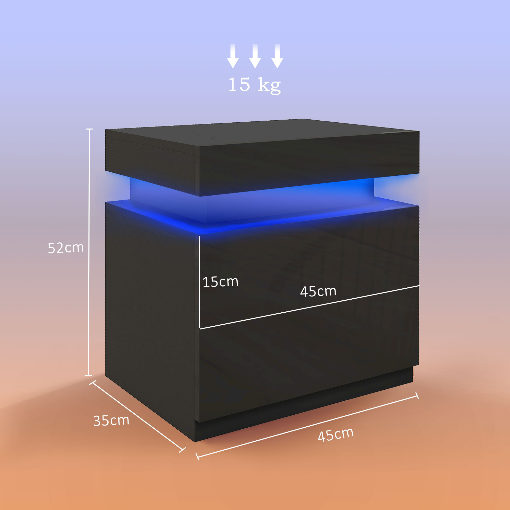 Chevet table de nuit design LED réglable 2 tiroirs façade laquée télécommande noir