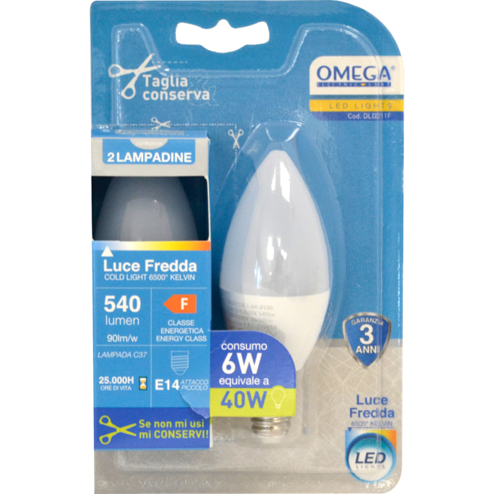OMEGA Set 6 Pezzi Candela LED C37 6W 6500K E14