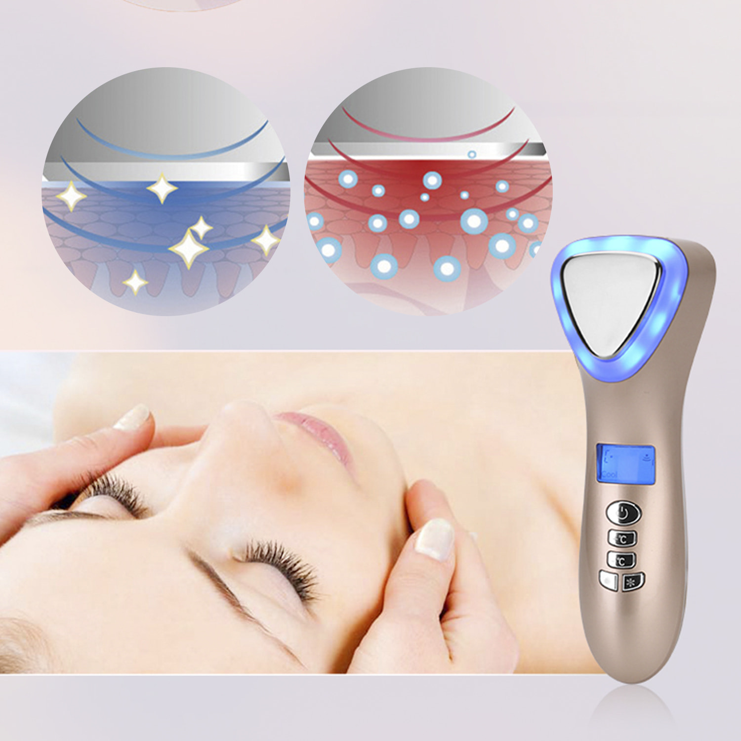 Masajeador ultrasónico con contraste frio calor y tratamiento de luz LED roja y azul. Belleza facial.