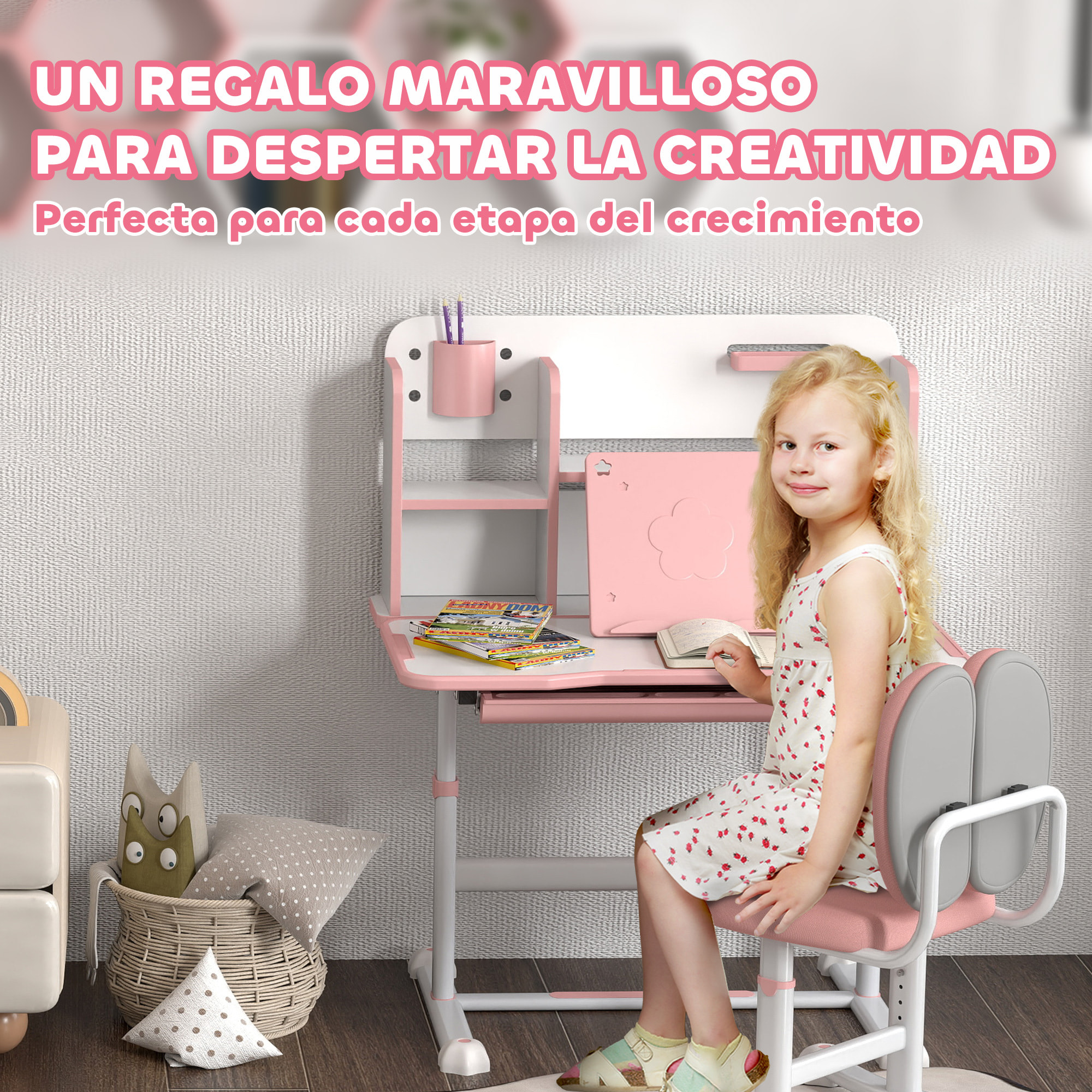 Juego de Escritorio y Silla para Niños de +3 Años, Pupitre Infantil Altura Ajustable con Tablero Inclinable, Cajón y Estantes, Respaldo Acolchado, para Libros, 80x55x107,5 cm, Rosa