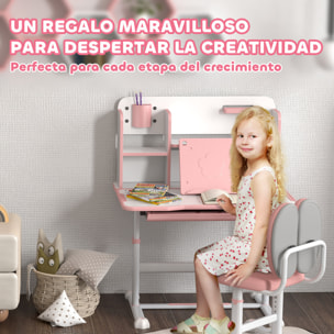 Juego de Escritorio y Silla para Niños de +3 Años, Pupitre Infantil Altura Ajustable con Tablero Inclinable, Cajón y Estantes, Respaldo Acolchado, para Libros, 80x55x107,5 cm, Rosa