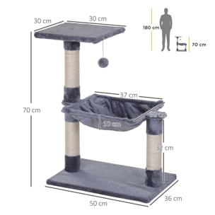 Árbol Rascador para Gatos Torre para Gatos 50x36x70 cm Centro de Actividad con Hamaca Plataforma Postes de Sisal y Bola Colgante Gris