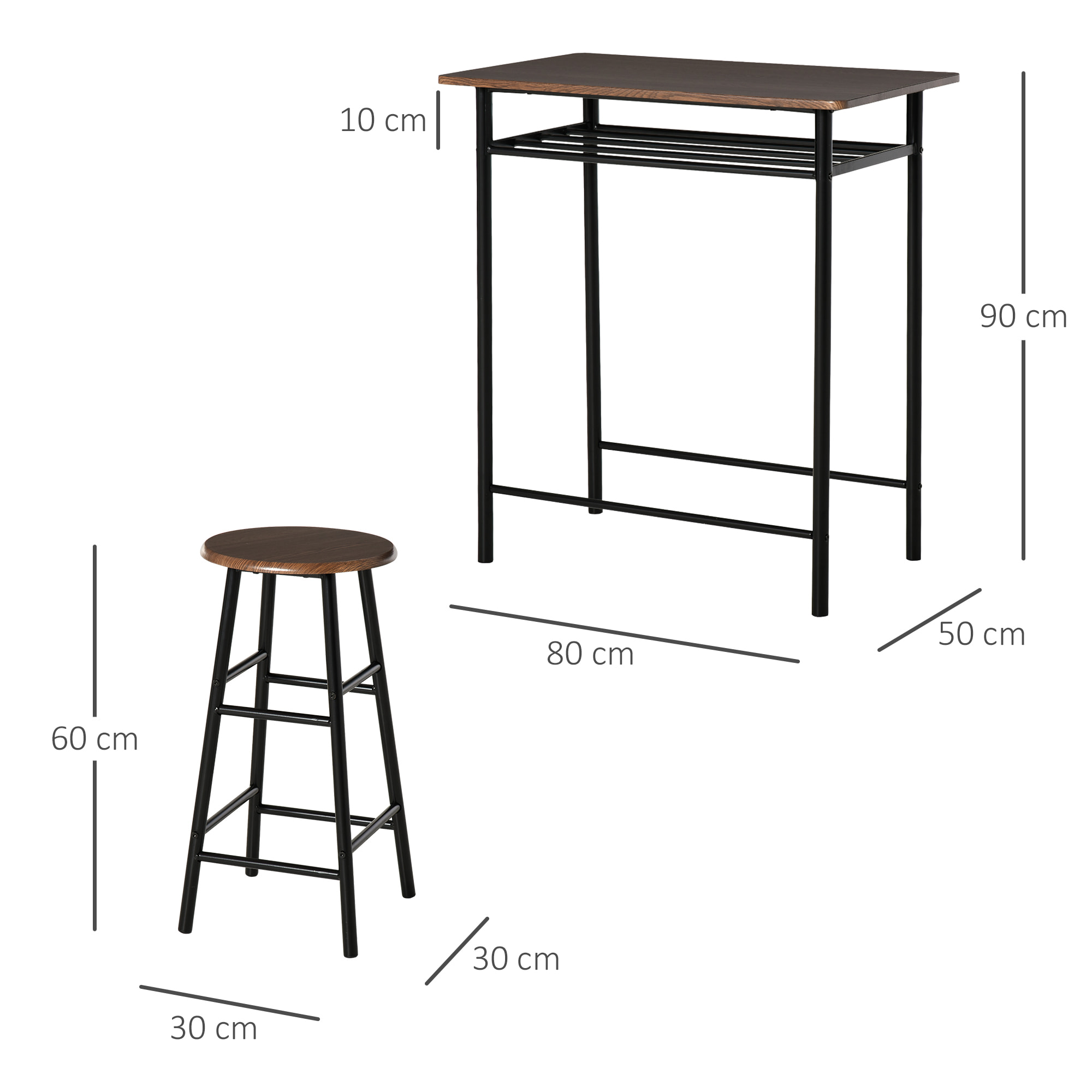 Ensemble table de bar design industriel + 2 tabourets MDF imitation bois noyer métal noir