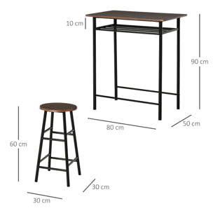 Ensemble table de bar design industriel + 2 tabourets MDF imitation bois noyer métal noir