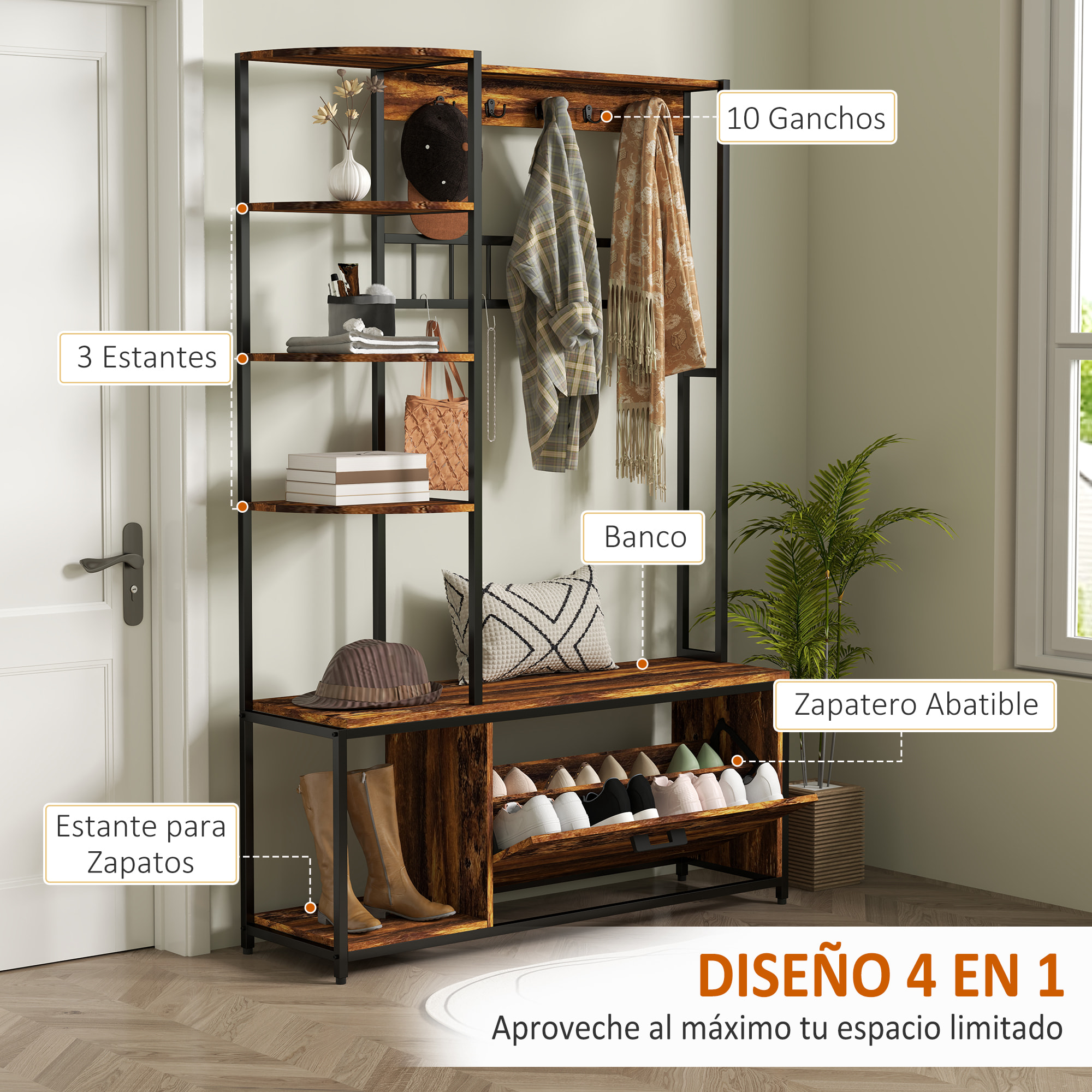 Perchero Zapatero Perchero Entrada Recibidor 4 en 1 con Banco Zapatero de 2 Pisos Estantes Ganchos Compartimento y Sistema Anti-vuelco para Pasillo Dormitorio 120x35x180 cm Marrón Oscuro