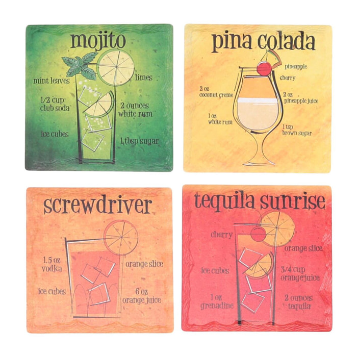 Sottobicchiere in ceramica confezione da 4 pezzi cocktail quadro cm10,8x10,8