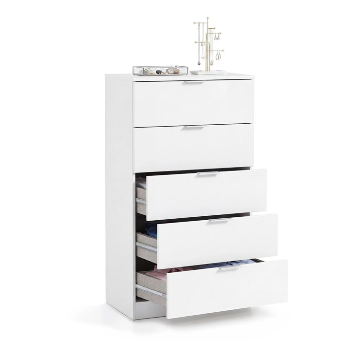 Cómoda alta de 5 cajones en blanco artik 60x110 cm Akari Blanco Artik (Blanco Mate)